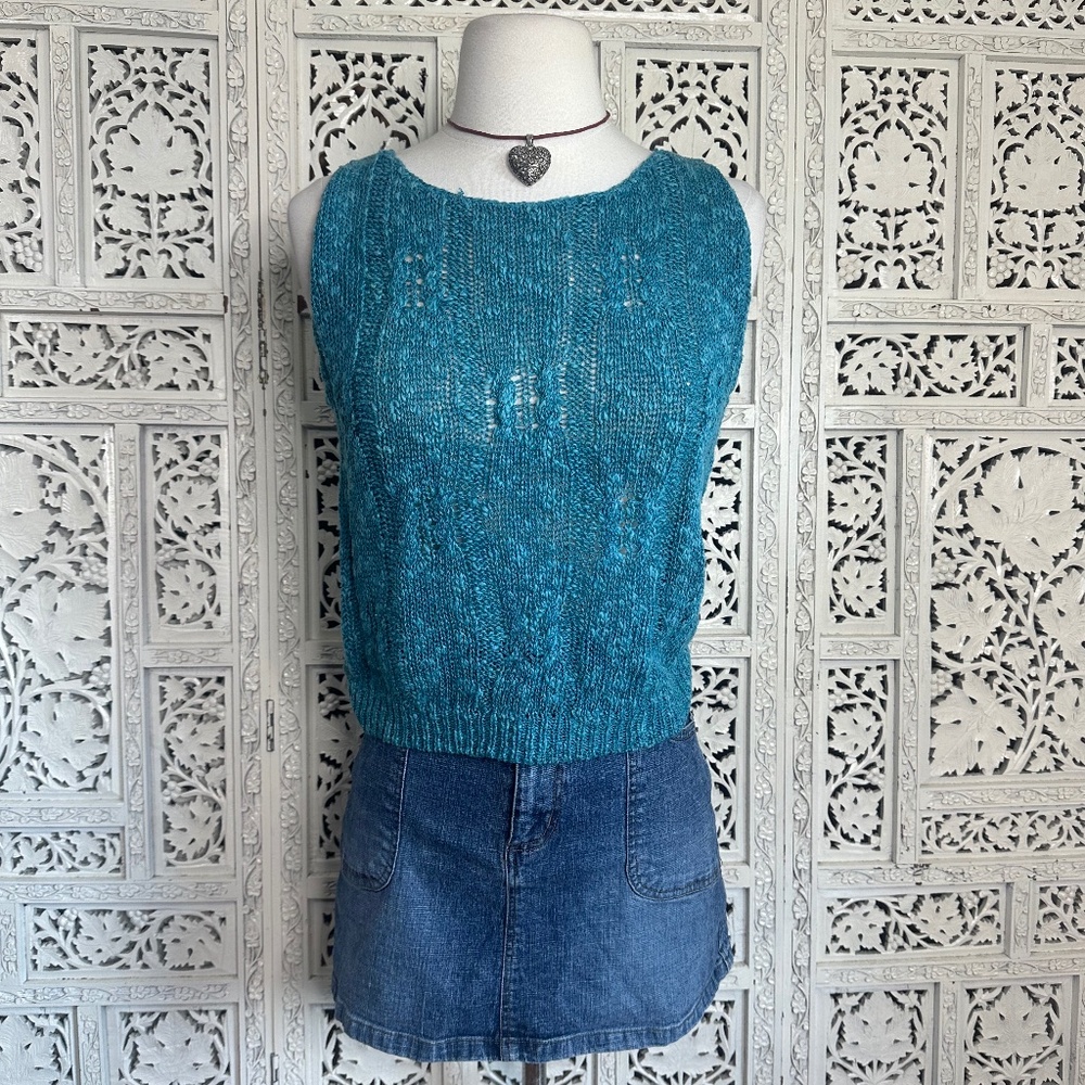Vintage Deadstock Linen Cotton‎ Blend Lightweight Open Knit Blue Sweater Vest